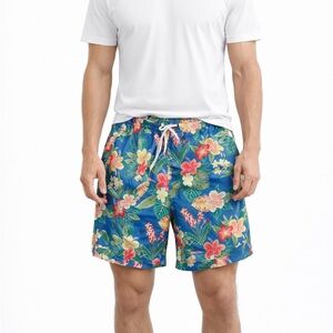 Men’s Tropical Hawaiian Swim Trunks Blue Floral Beach Shorts Elastic Waist